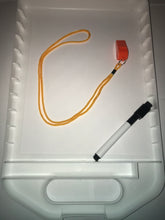 Load image into Gallery viewer, Inside storage compartment with included whistle and dry erase marker