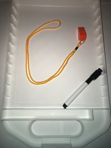 Inside storage compartment with included whistle and dry erase marker